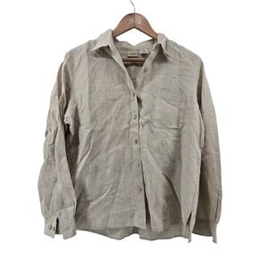 L.L. Bean Premium Washable Linen Shirt Large Petite Tan Button Up Classic